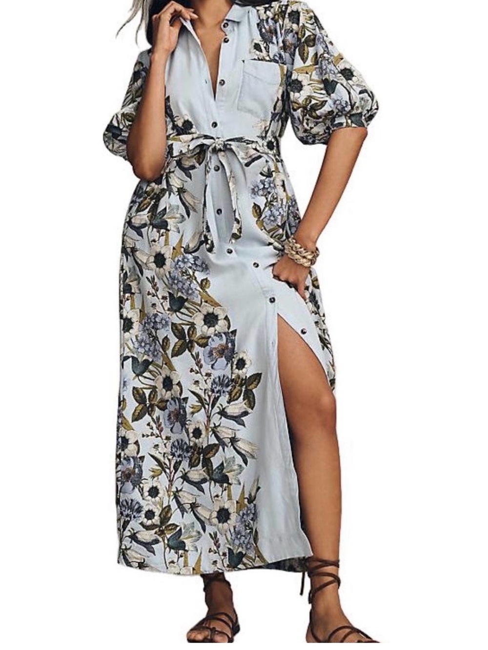 Maeve Mona Blue Floral Linen Button-Front Maxi Dress with Tie Waist NWT